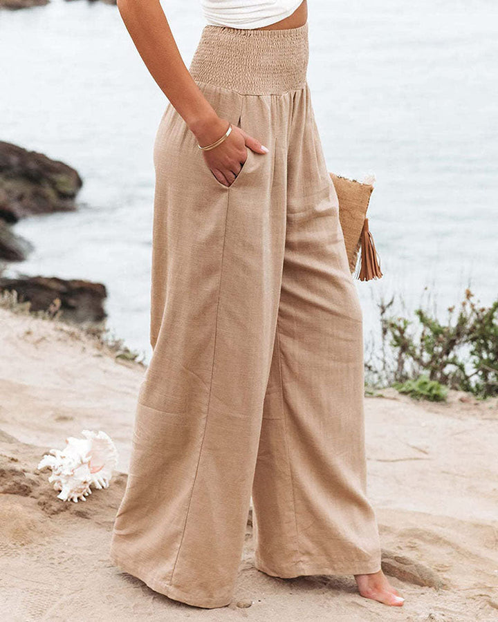 Pantaloni Donna in Lino Vita Elastica Vestibilità Ampia