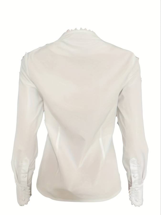 Camicia bianca da donna in seta, maniche lunghe, colletto classico, bottoni sui polsini, elegante e raffinata, perfetta per ufficio o eventi formali.