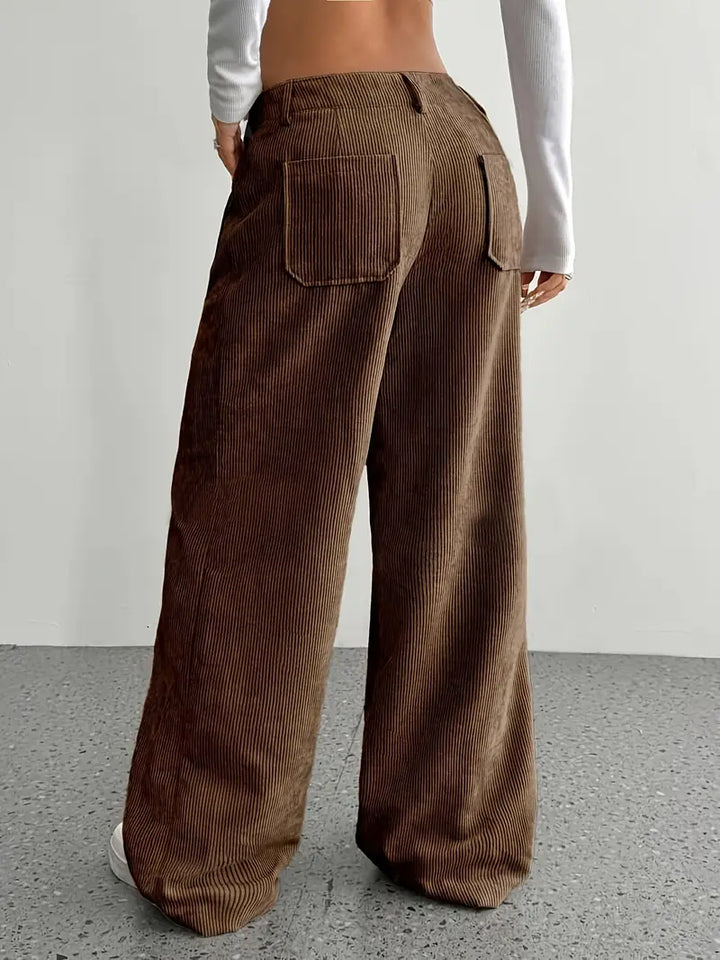 Pantaloni Donna a Coste Vita Alta Gamba Larga