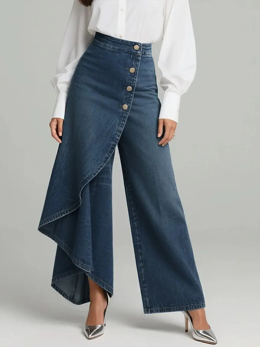 Pantaloni Donna Finto Denim Gamba Dritta Bottoni Arricciati