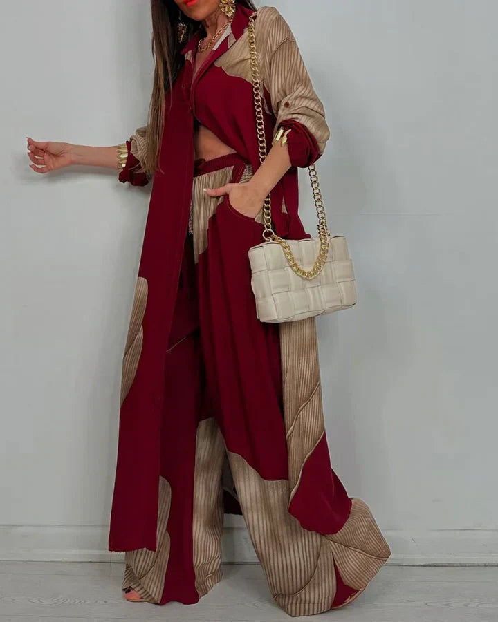 Completo Donna Camicia Colletto Bottoni Pantaloni Vita Alta Gamba