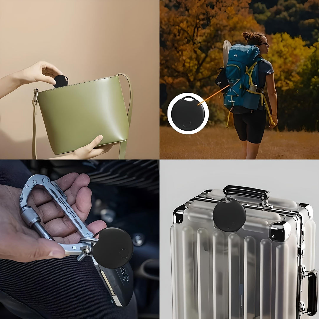 Dispositivo di localizzazione nero su borsa, zaino, chiavi e valigia. Tracker GPS portatile per oggetti personali, sicurezza e viaggio.