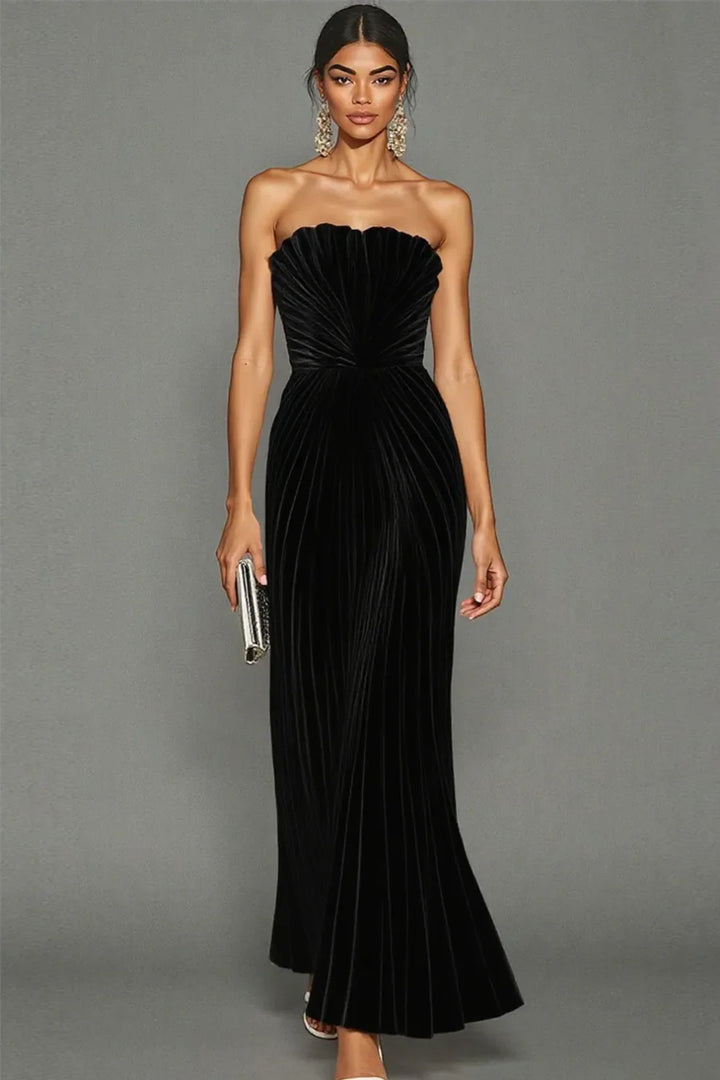 Abito Lungo Donna Plissettato Senza Spalline Elegante