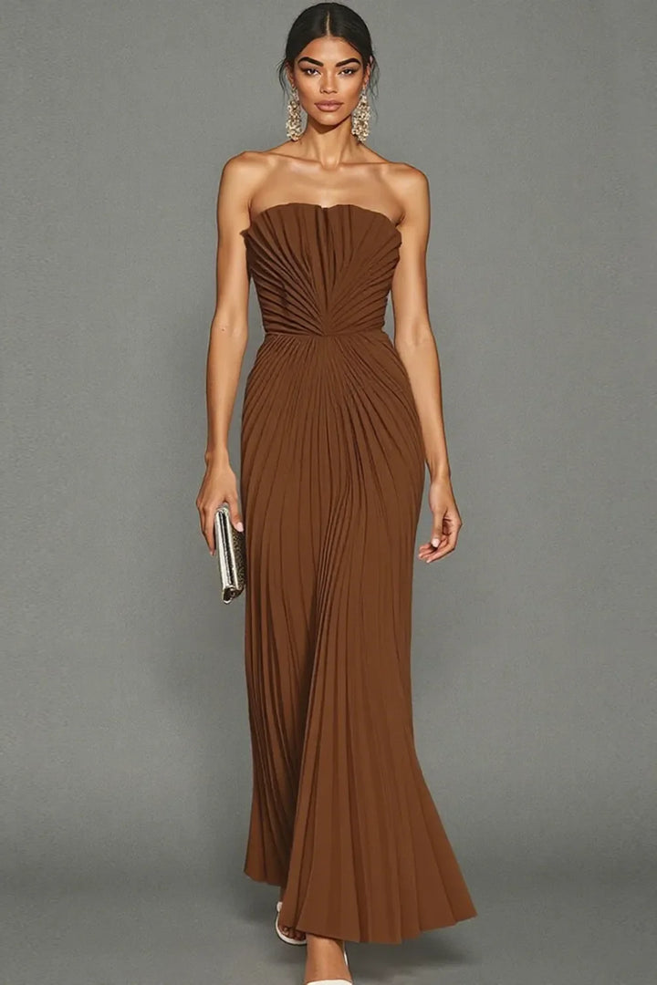 Abito Lungo Donna Plissettato Senza Spalline Elegante