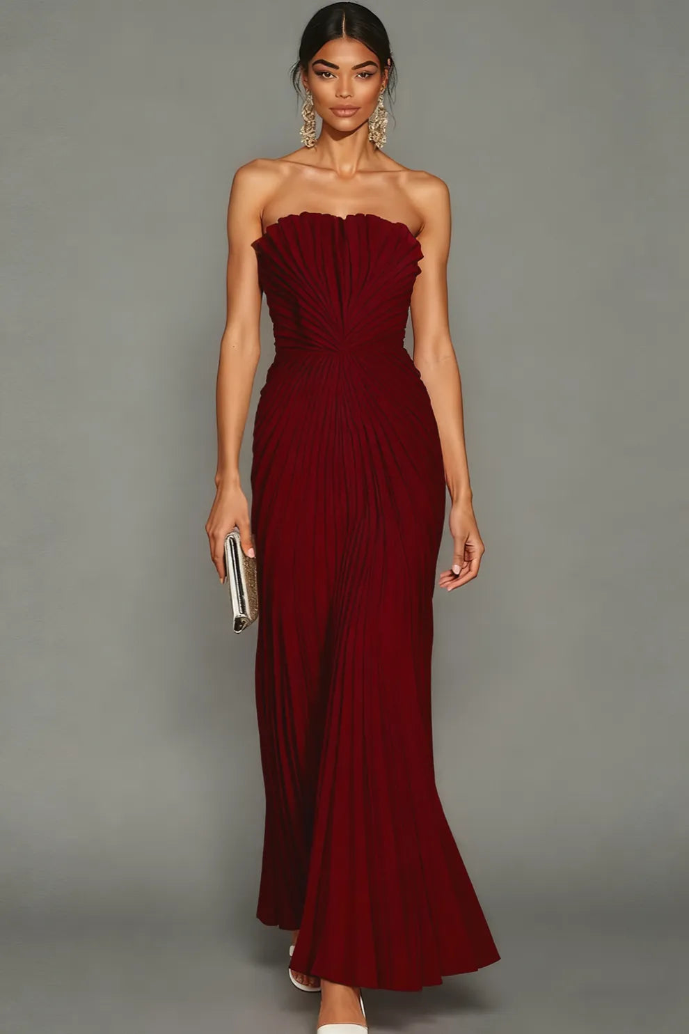 Abito Lungo Donna Plissettato Senza Spalline Elegante