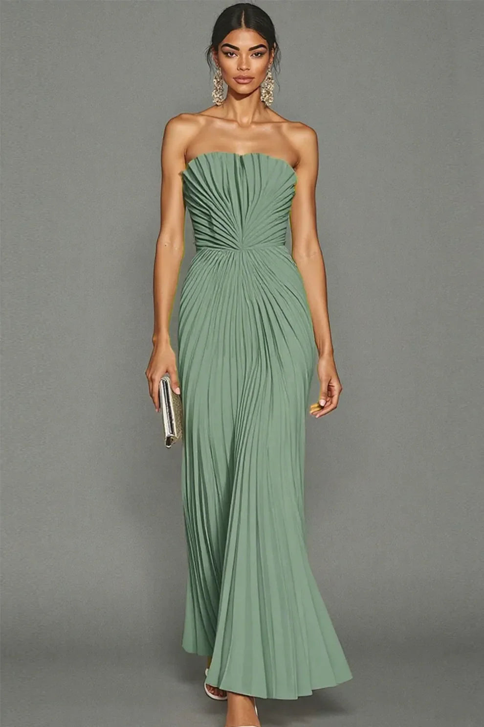 Abito Lungo Donna Plissettato Senza Spalline Elegante