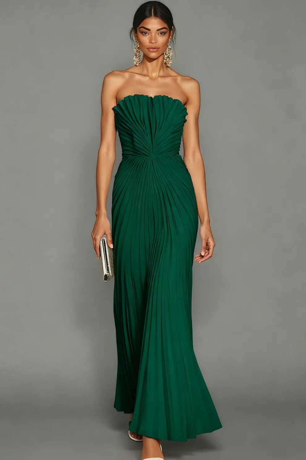Abito Lungo Donna Plissettato Senza Spalline Elegante