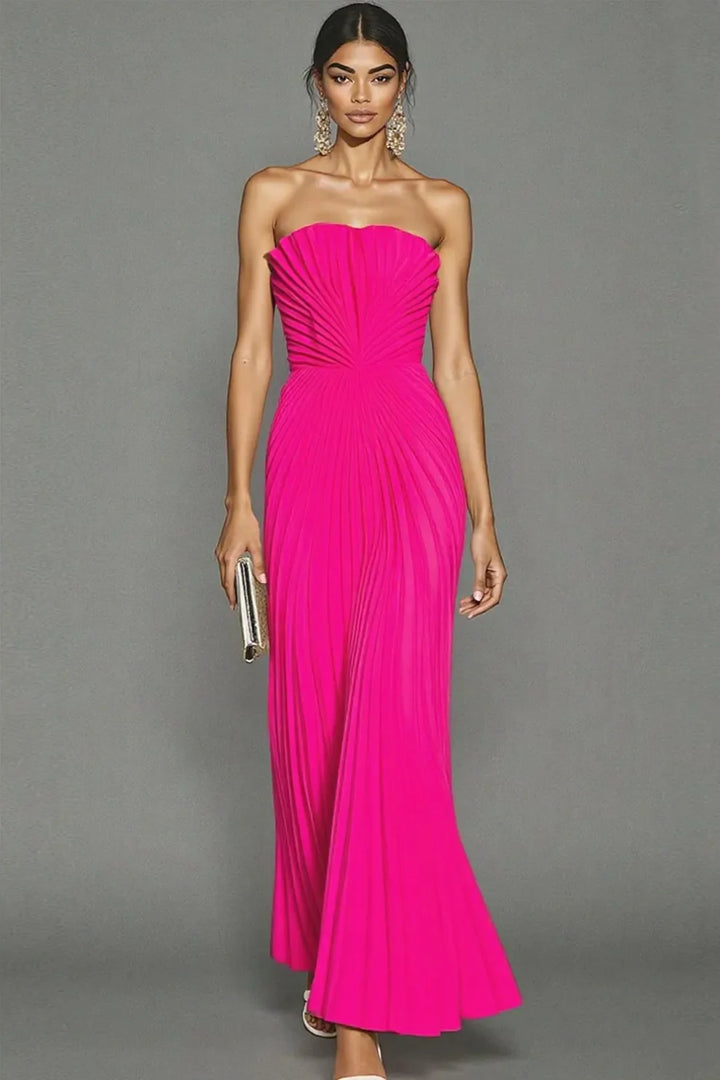 Abito Lungo Donna Plissettato Senza Spalline Elegante