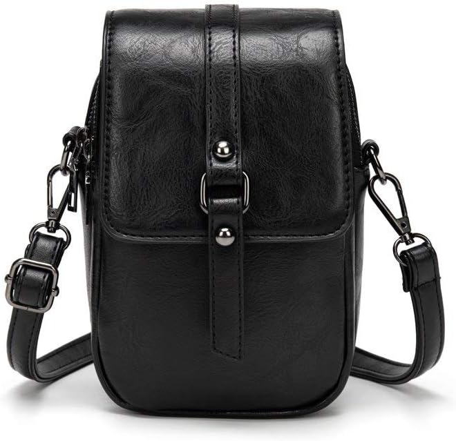 Borsa a tracolla in pelle nera, design elegante e compatto, con chiusura a fibbia e tracolla regolabile. Accessorio moda donna.