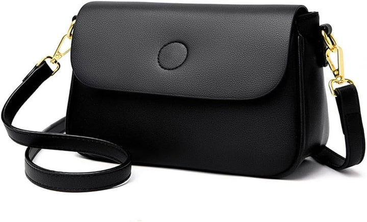 Borsa a tracolla nera in pelle sintetica, design elegante con chiusura magnetica, tracolla regolabile e dettagli in metallo dorato.