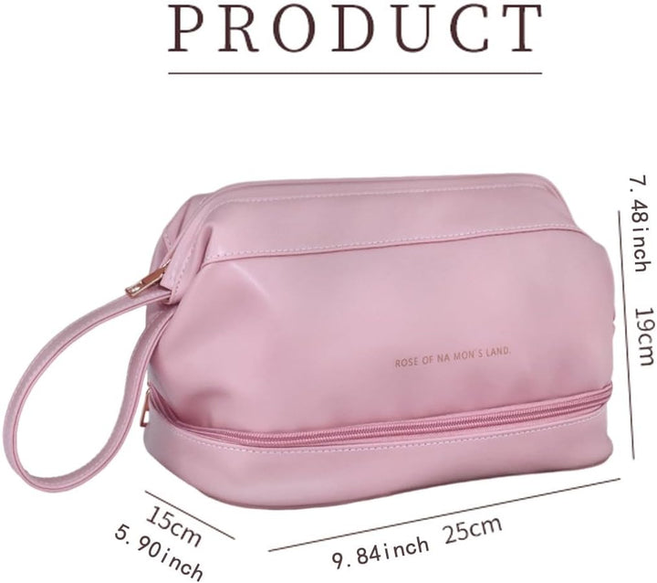 Borsa da toilette rosa in pelle sintetica con cerniera, manico laterale, dimensioni 25x15x19 cm, ideale per viaggi e organizzazione cosmetici.