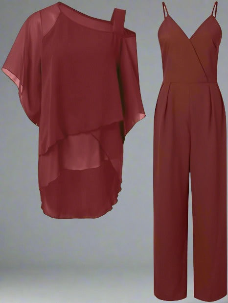 Completo Donna Tuta e Camicetta Chiffon Monospalla Leggero Fluido
