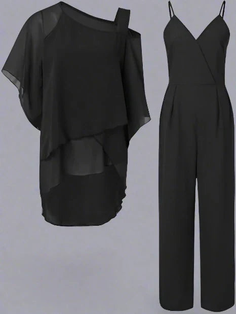 Completo Donna Tuta e Camicetta Chiffon Monospalla Leggero Fluido