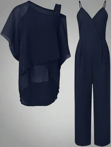 Completo Donna Tuta e Camicetta Chiffon Monospalla Leggero Fluido - Vesarelli