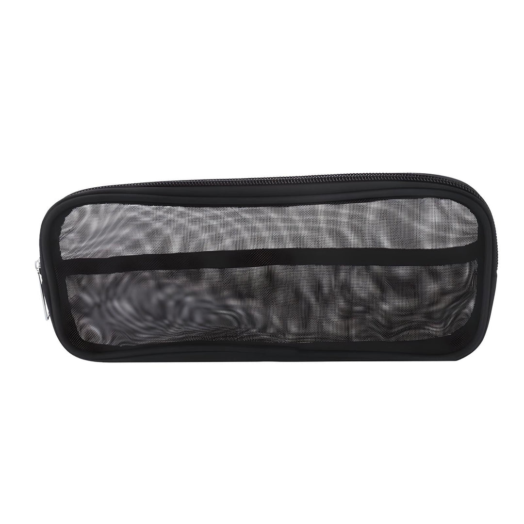 Astuccio trasparente in rete nera con cerniera, ideale per scuola e ufficio. Design leggero e pratico per organizzare penne e accessori.