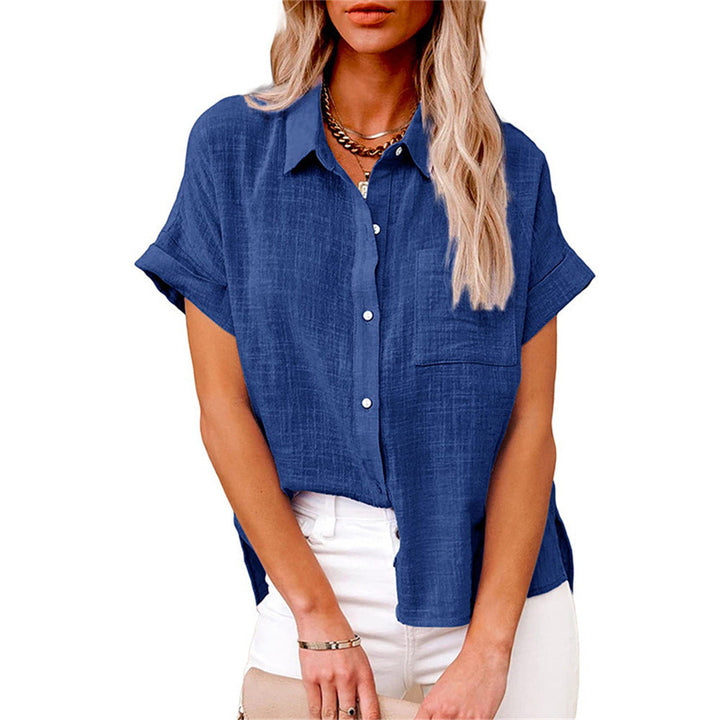 Camicia Donna Misto Lino Maniche Corte Casual Bottoni