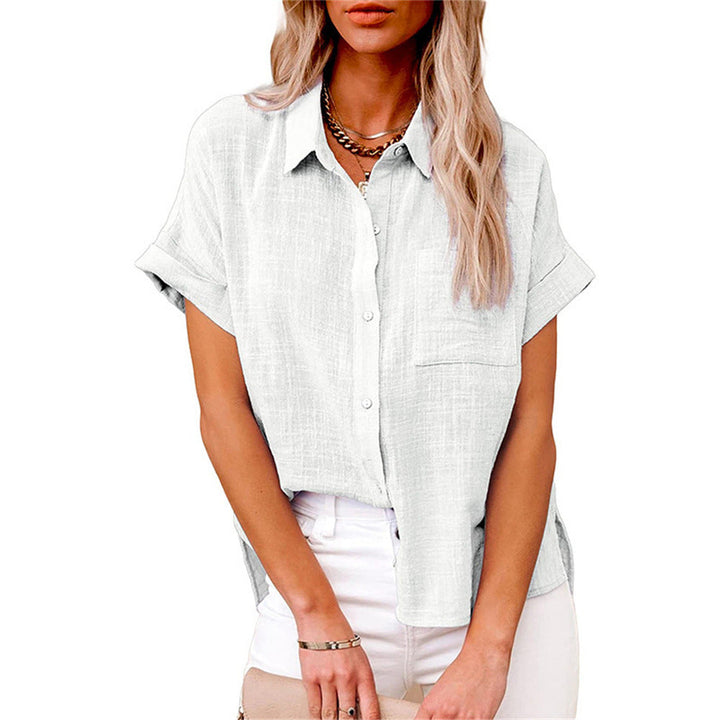 Camicia Donna Misto Lino Maniche Corte Casual Bottoni
