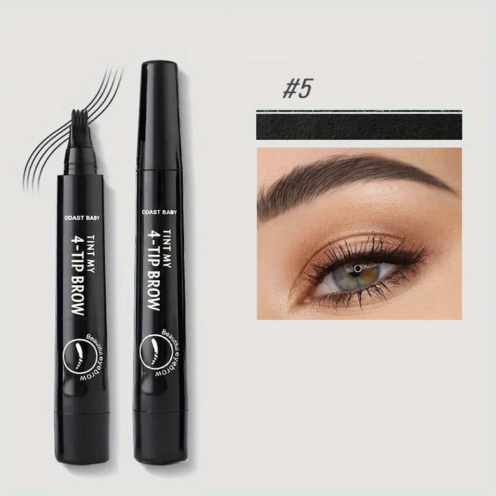 Penna per sopracciglia a 4 punte, colore #5, con immagine dimostrativa di sopracciglia definite. Trucco occhi, definizione sopracciglia, cosmetici.