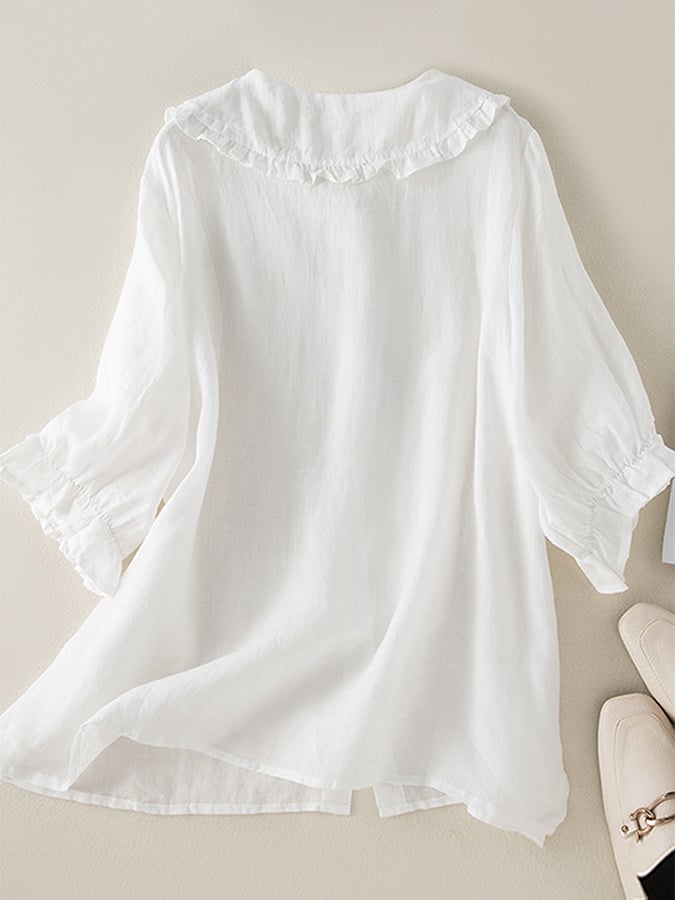 Blusa Donna Lino Cotone Ampia Colletto Arricciato