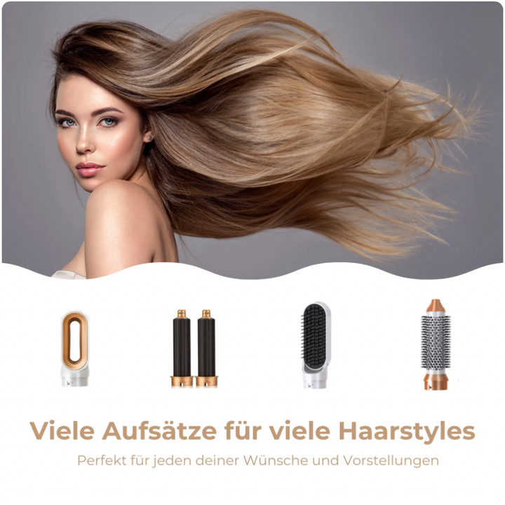 Donna con capelli fluenti, asciugacapelli multifunzione, accessori styling inclusi, design moderno, ideale per acconciature versatili e professionali.