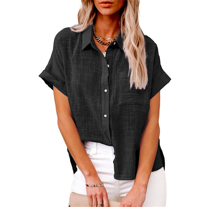 Camicia Donna Misto Lino Maniche Corte Casual Bottoni