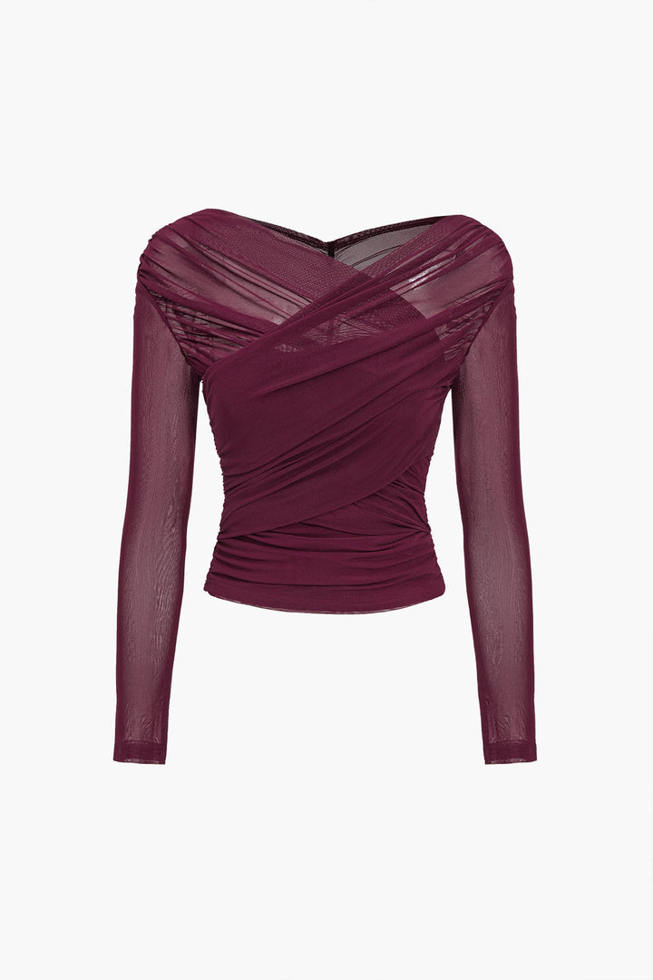 Camicetta Donna in Rete Drappeggiata Maniche Lunghe Stile Casual