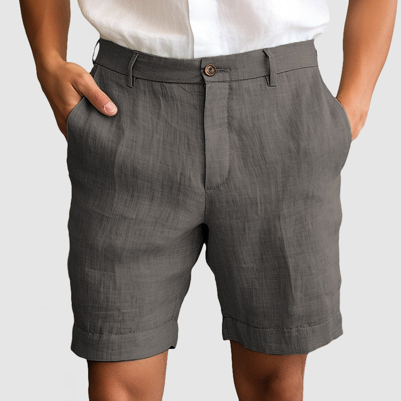 Pantaloncini uomo in lino grigio, eleganti e traspiranti, ideali per l'estate. Design casual con tasche, perfetti per look estivi alla moda.