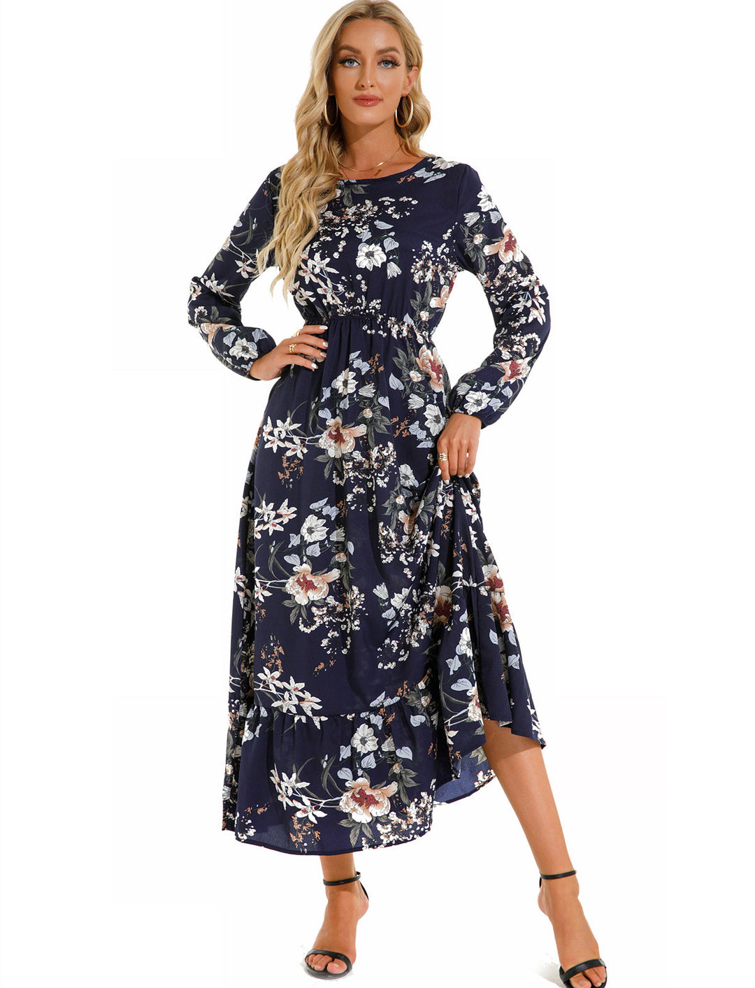 Abito Donna in Chiffon Floreale Scollo Rotondo Elegante