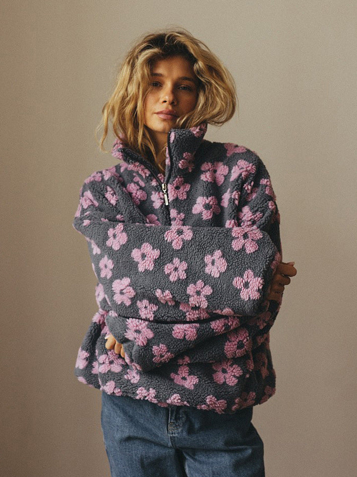 Felpa Donna in Pile Casual con Cerniera e Tasca Frontale