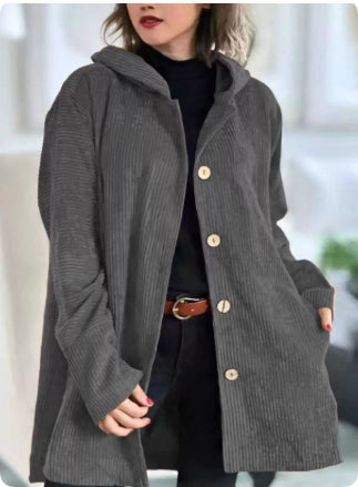 Giacca Donna in Velluto a Coste con Cappuccio Maglione Casual Media