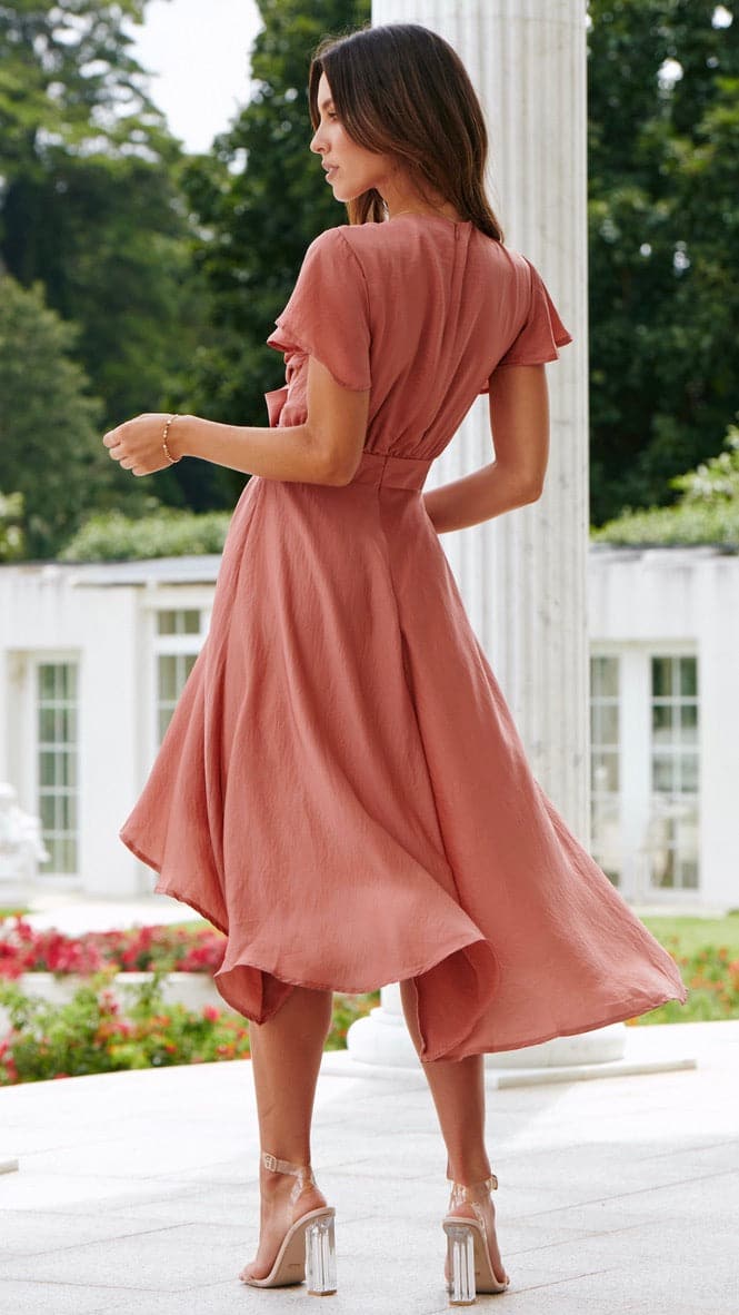 Abito Midi Donna in Raso Scollo a V Maniche Farfalla Gonna Asimmetrica