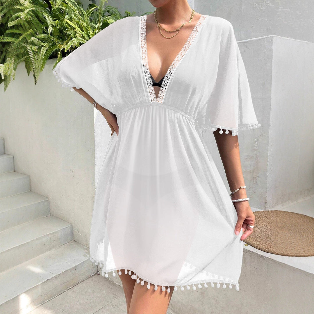 Abito da Spiaggia Donna in Pizzo Patchwork Scollo a V Cintura in Vita