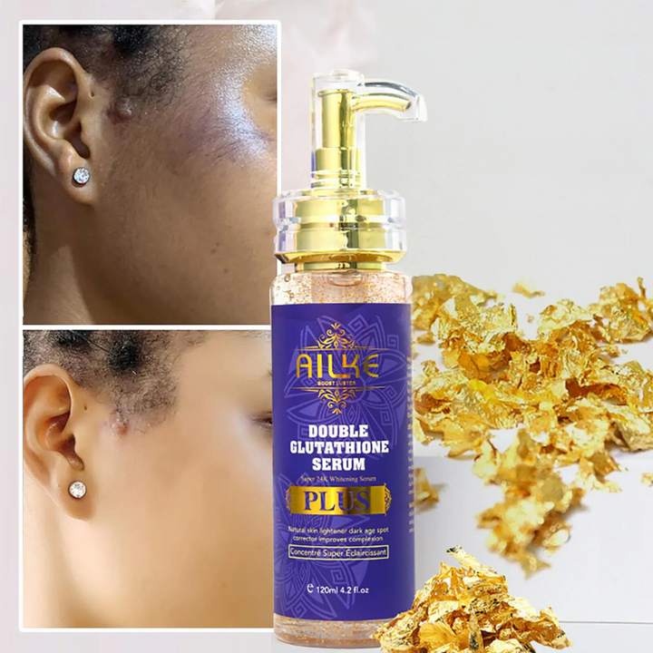 Siero schiarente AILKE Double Glutathione, flacone da 120 ml, con immagini prima e dopo l&