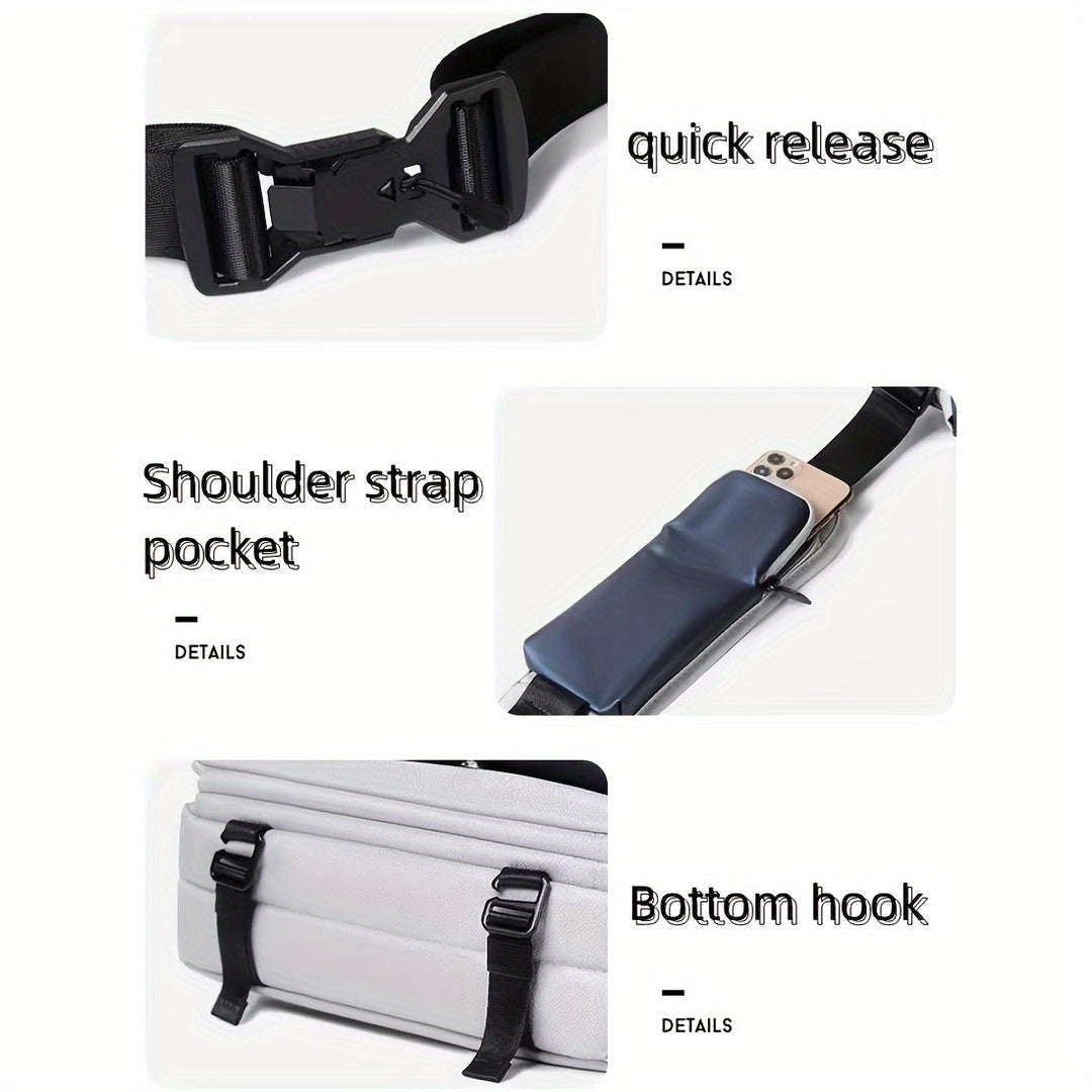Cintura regolabile con fibbia a sgancio rapido, tasca per smartphone sulla tracolla e ganci inferiori. Accessorio versatile e pratico.