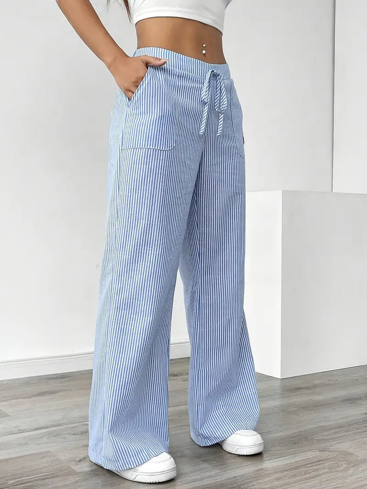 Pantaloni Donna Lino Leggeri Traspiranti Gamba Larga Tasche