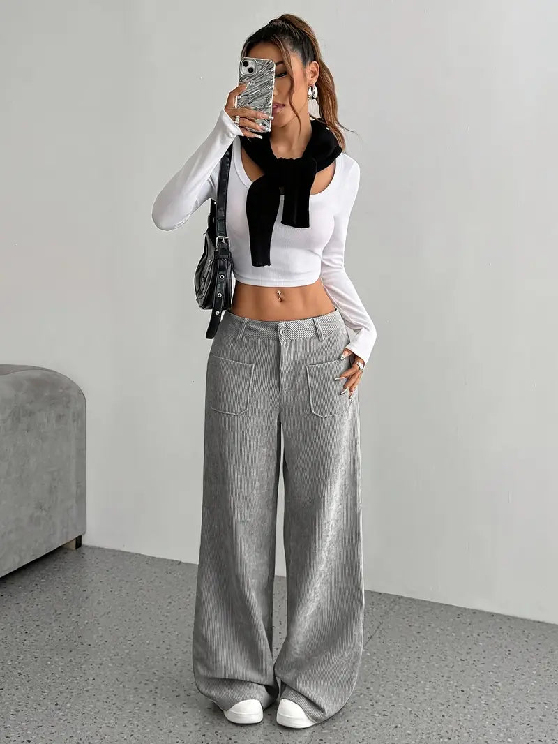 Pantaloni Donna a Coste Vita Alta Gamba Larga