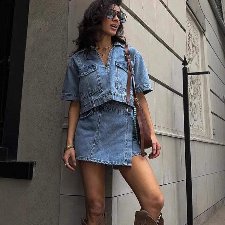 Set Donna in Denim con Gonna Pantaloncino