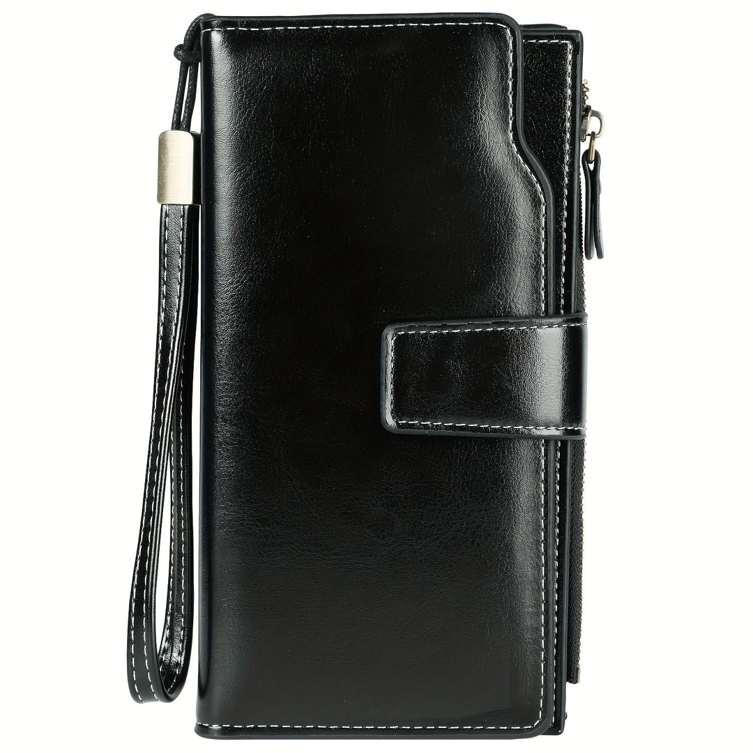 Portafoglio donna in pelle nera con chiusura a scatto, cuciture bianche e cinturino da polso. Elegante accessorio moda, ideale per ogni occasione.