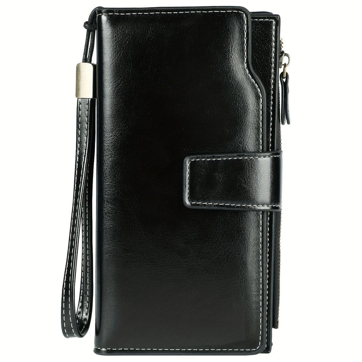 Portafoglio donna in pelle nera con chiusura a scatto, cuciture bianche e cinturino da polso. Elegante accessorio moda, ideale per ogni occasione.