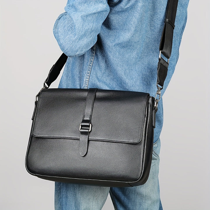 Borsa a tracolla in pelle nera, indossata su camicia di jeans. Design elegante, ideale per lavoro e viaggio. Accessorio moda uomo.