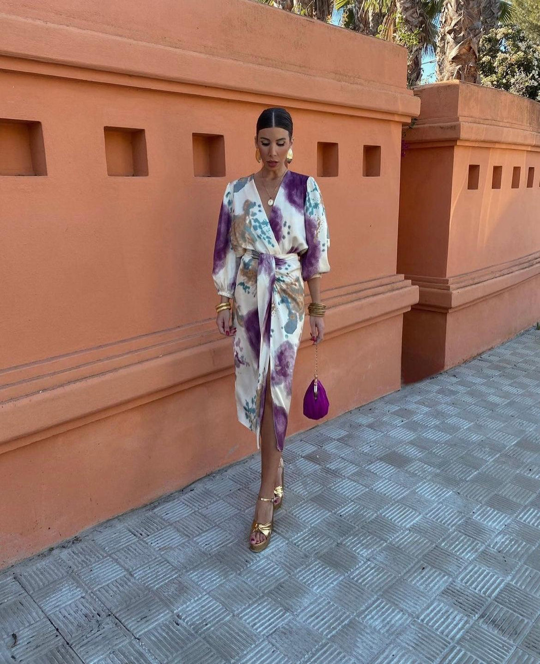 Abito Donna Scollo a V Maniche a Palloncino Vestibilità Elegante