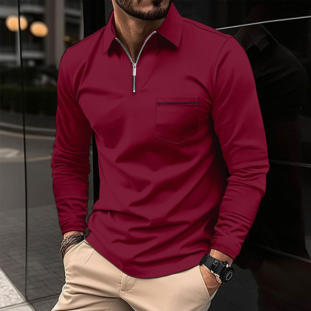 Polo Uomo Maniche Lunghe Cotone Casual con Taschino Sul Petto