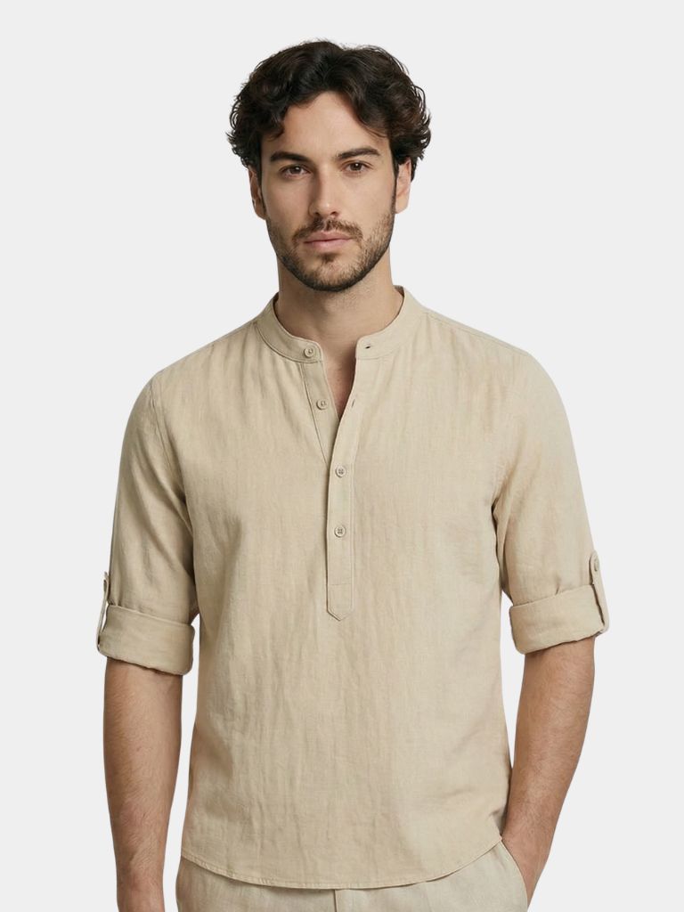 Camicia Henley Uomo Cotone Manica Lunga Casual