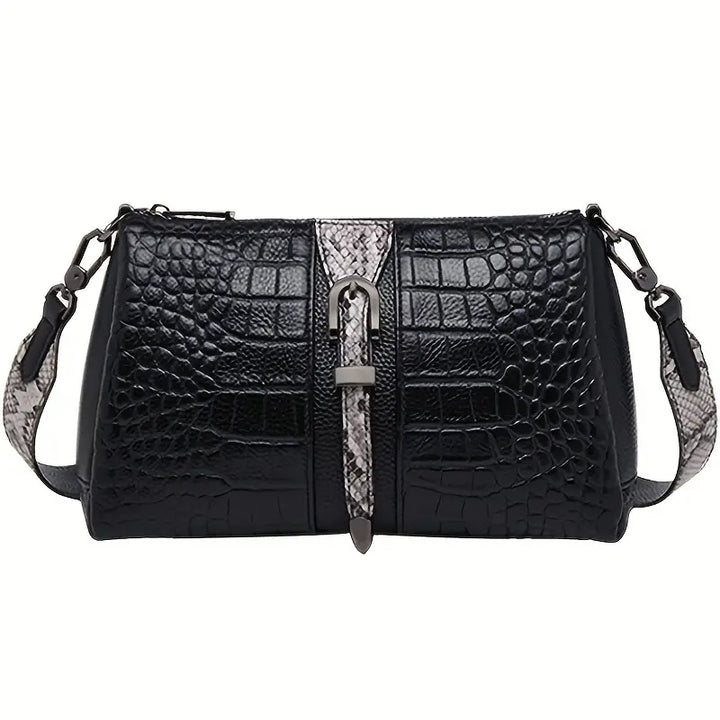 Borsa a tracolla in pelle nera effetto coccodrillo, dettagli in pelle di serpente, chiusura a fibbia, design elegante e moderno, accessorio moda donna.