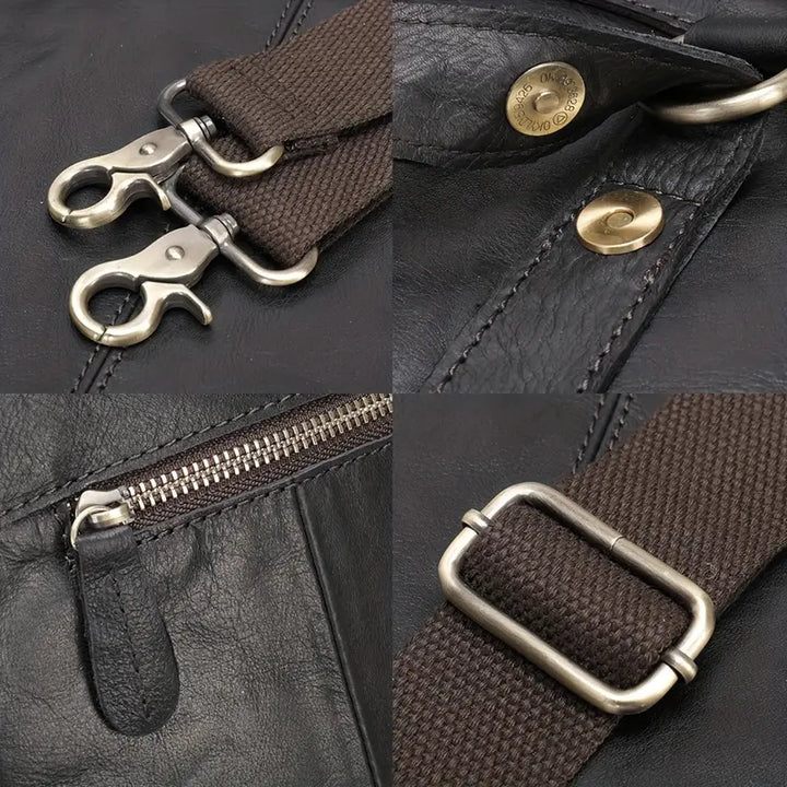 Cinghia borsa in pelle nera con dettagli metallici: moschettoni, fibbia regolabile, cerniera robusta. Accessori moda, alta qualità.