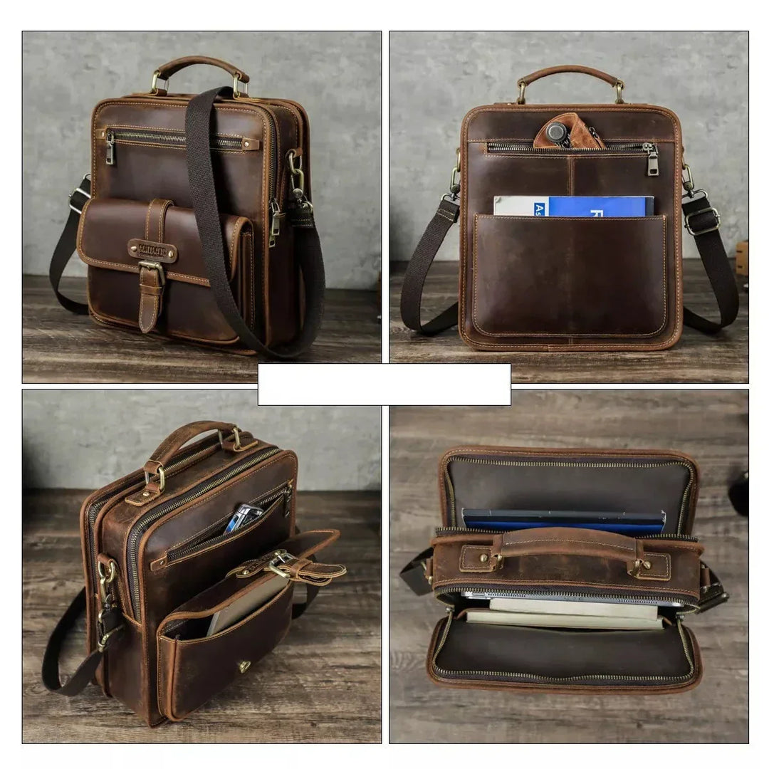 Borsa a tracolla in pelle marrone per uomo, design vintage, con scomparti multipli, tasche con cerniera, ideale per lavoro e viaggio.