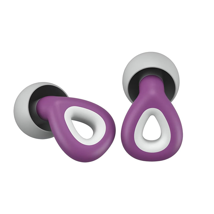Cuffie in-ear wireless viola e bianche, design ergonomico, isolamento acustico, compatibili con smartphone e dispositivi Bluetooth.
