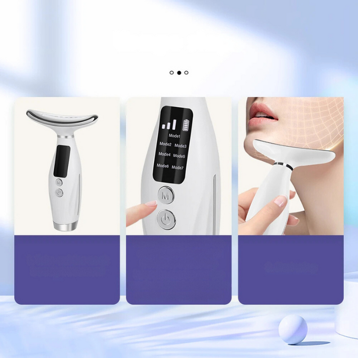 Dispositivo massaggio viso anti-età, schermo LED, modalità regolabili, design ergonomico, cura pelle, rassodante, lifting, bellezza quotidiana.