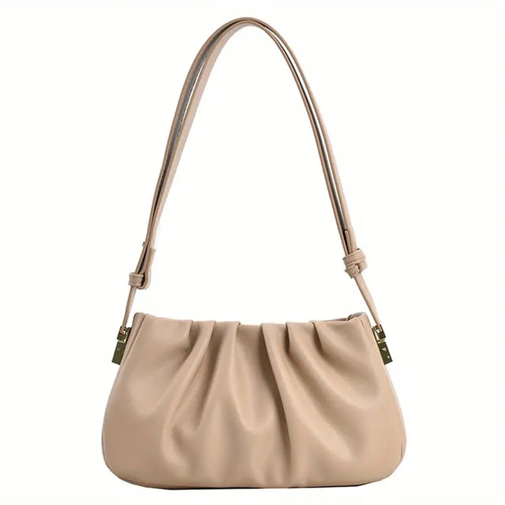 Borsa a spalla beige in pelle, design elegante con pieghe, chiusura a zip, manico regolabile. Accessorio moda donna, stile casual chic.
