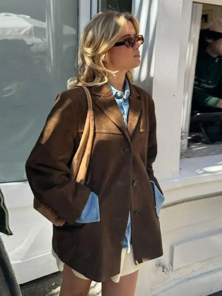 Giacca Blazer Donna in Pelle Scamosciata Oversize Comfort